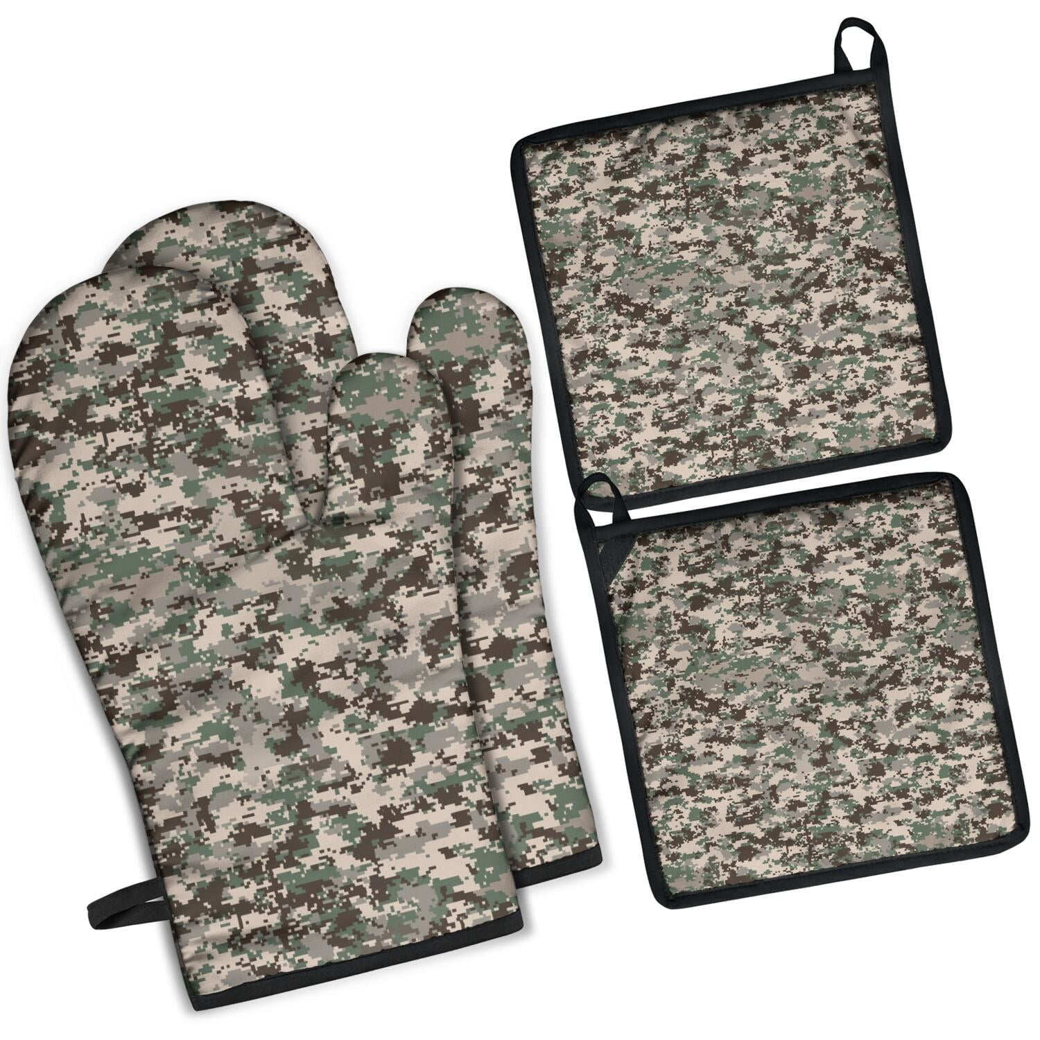 Camouflage Oven Mitts and Pot Holders Set Of 4, Heat Resistant Kitchen Gloves with Non-Slip Grip, Hanging Loop, Soft Cotton Lining for Baking, Cooking, Grilling, Barbecue