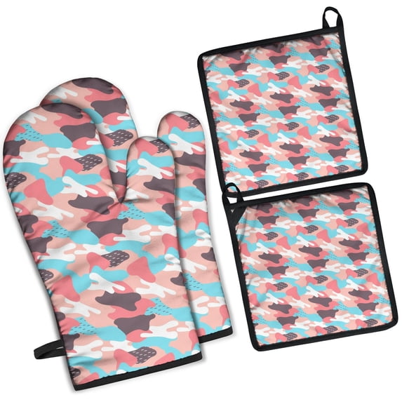 Camouflage Oven Mitts and Pot Holders Set Of 4, Heat Resistant Kitchen Gloves with Non-Slip Grip, Hanging Loop, Soft Cotton Lining for Baking, Cooking, Grilling, Barbecue