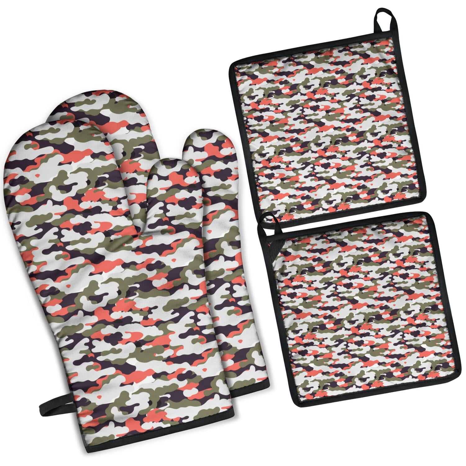Camouflage Oven Mitts and Pot Holders Set Of 4, Heat Resistant Kitchen Gloves with Non-Slip Grip, Hanging Loop, Soft Cotton Lining for Baking, Cooking, Grilling, Barbecue