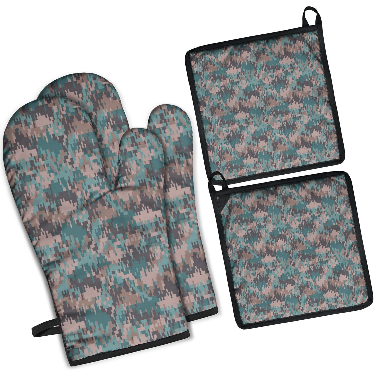 Camouflage Oven Mitts and Pot Holders Set Of 4, Heat Resistant Kitchen Gloves with Non-Slip Grip, Hanging Loop, Soft Cotton Lining for Baking, Cooking, Grilling, Barbecue