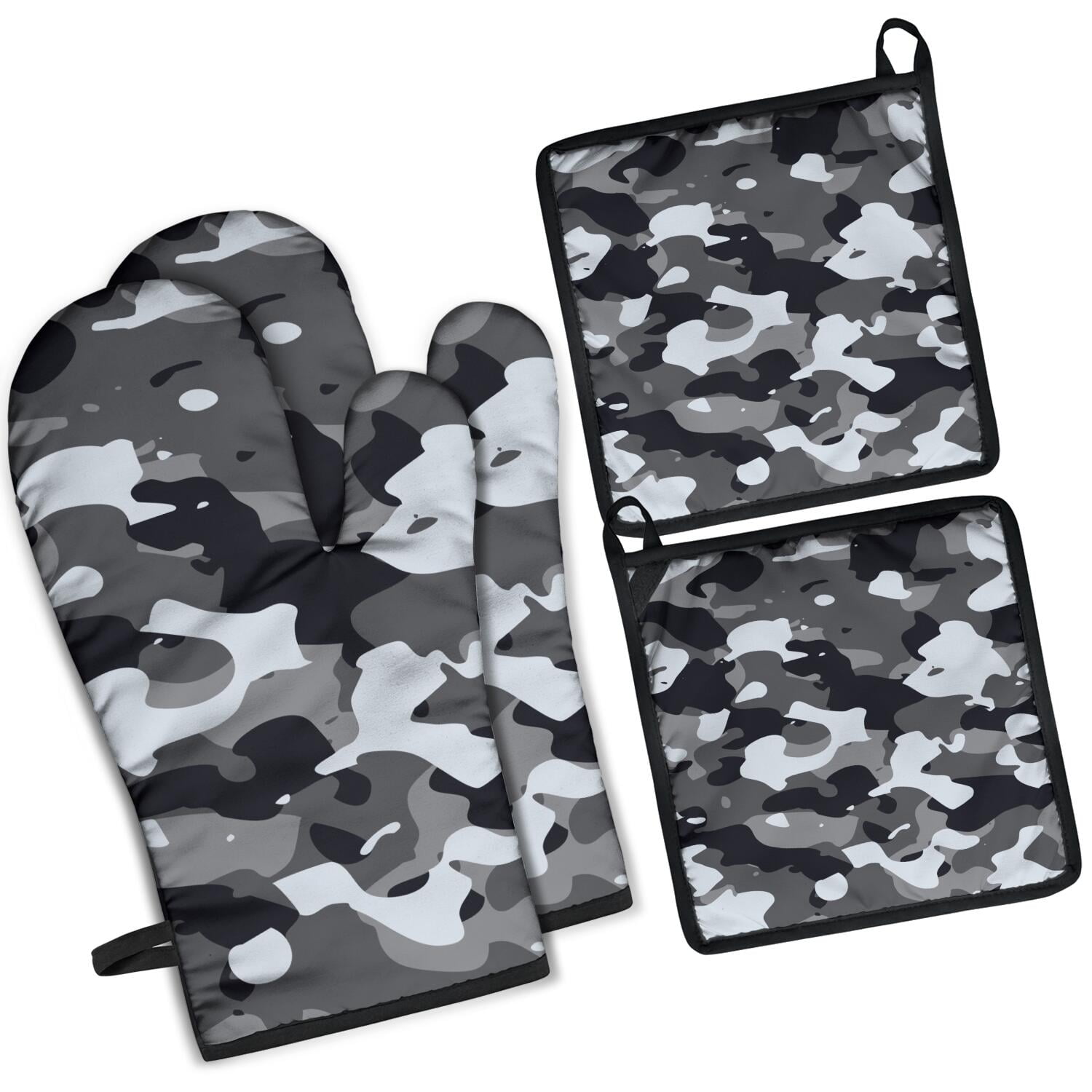 Camouflage Oven Mitts and Pot Holders Set Of 4, Heat Resistant Kitchen Gloves with Non-Slip Grip, Hanging Loop, Soft Cotton Lining for Baking, Cooking, Grilling, Barbecue