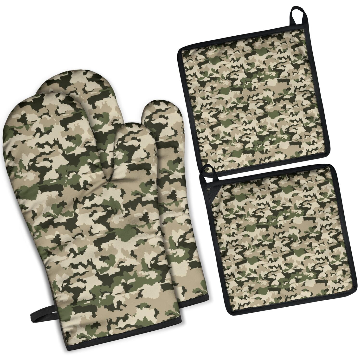 Camouflage Oven Mitts and Pot Holders Set Of 4, Heat Resistant Kitchen Gloves with Non-Slip Grip, Hanging Loop, Soft Cotton Lining for Baking, Cooking, Grilling, Barbecue
