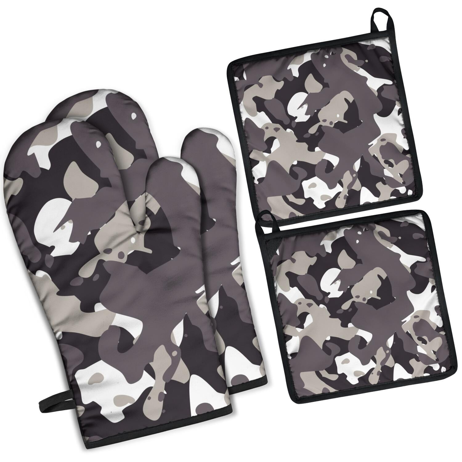 Camouflage Oven Mitts and Pot Holders Set Of 4, Heat Resistant Kitchen Gloves with Non-Slip Grip, Hanging Loop, Soft Cotton Lining for Baking, Cooking, Grilling, Barbecue