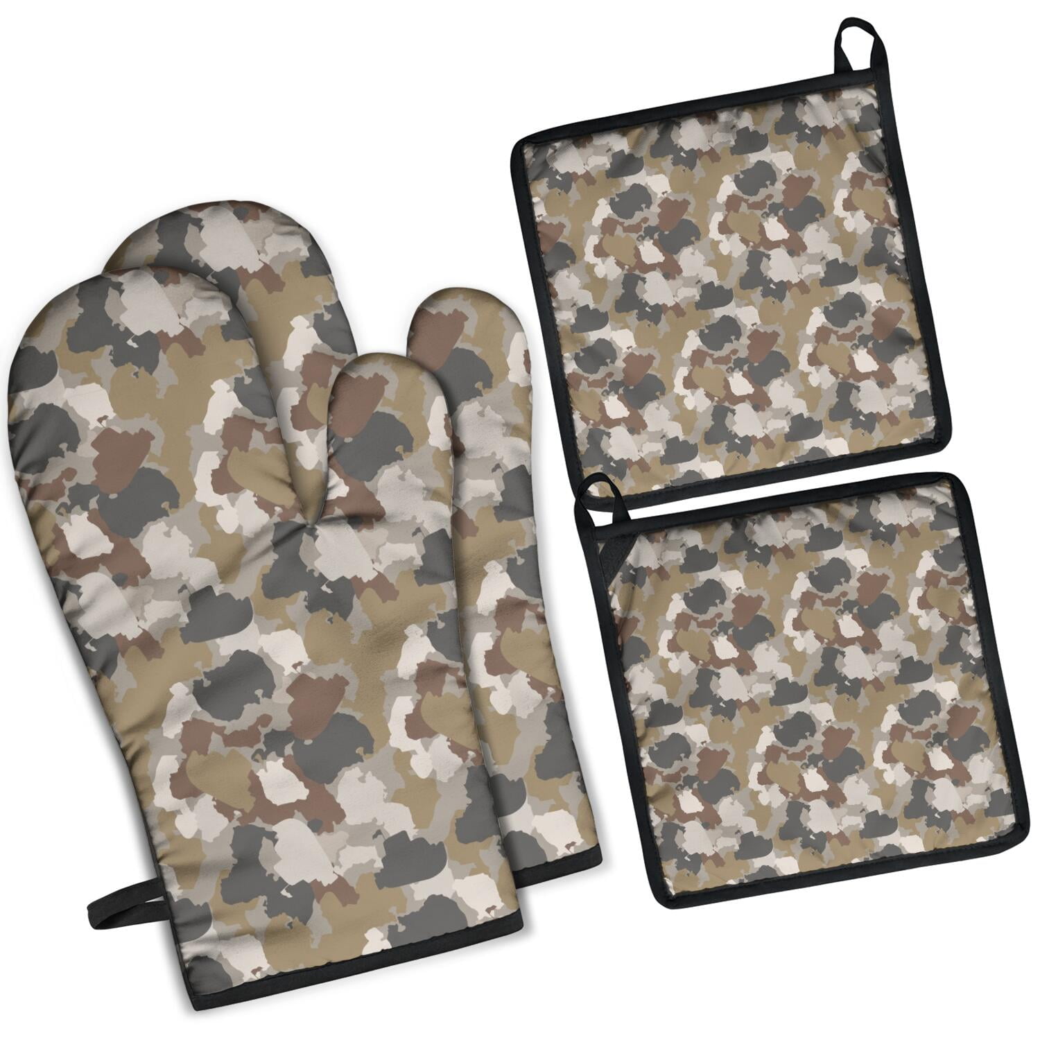Camouflage Oven Mitts and Pot Holders Set Of 4, Heat Resistant Kitchen Gloves with Non-Slip Grip, Hanging Loop, Soft Cotton Lining for Baking, Cooking, Grilling, Barbecue
