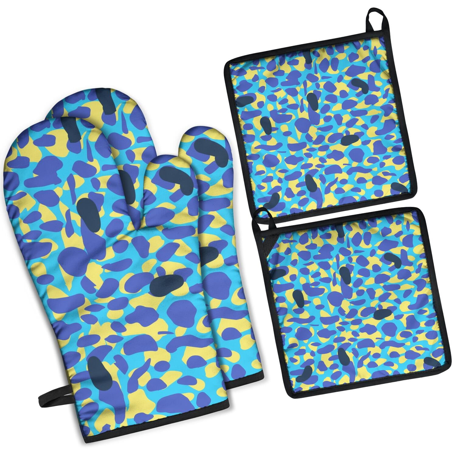 Camouflage Oven Mitts and Pot Holders Set Of 4, Heat Resistant Kitchen Gloves with Non-Slip Grip, Hanging Loop, Soft Cotton Lining for Baking, Cooking, Grilling, Barbecue