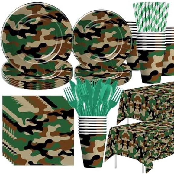 Camouflage Party Decorations Tableware - Camo Camouflage Themed Party Supplies, Plate, Cup, Napkin, Tablecloth, Cutlery, Hunting Army Military Theme Birthday Decorations Dinnerware | Serve 24