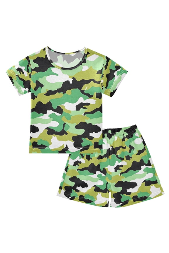 Camouflage Pattern Summer Pajama Set Soft Cotton Short Sleeve Sleepwear 2PCS Pajama Sets Breathable Lounge Set Size 12Y