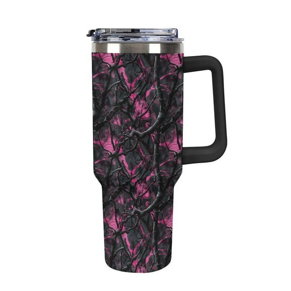 Camouflage Pink Hunting Tumbler with Handle and Straw 40 oz Stainless Steel Leakproof Travel Coffee Mug Car Cup Vacuum Water Bottle 40oz