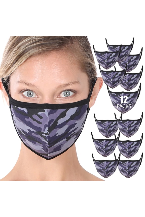 Camouflage Print Fashion Washable Adults Unisex One Size Face Covering Mask - Navy Camouflage (12 Pieces)