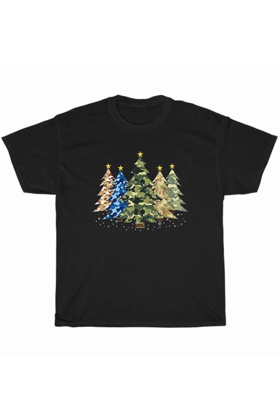Camouflage Print Festive Tree Graphic Holiday Winter Pattern Art Unisex T-Shirt, up to size 5XL