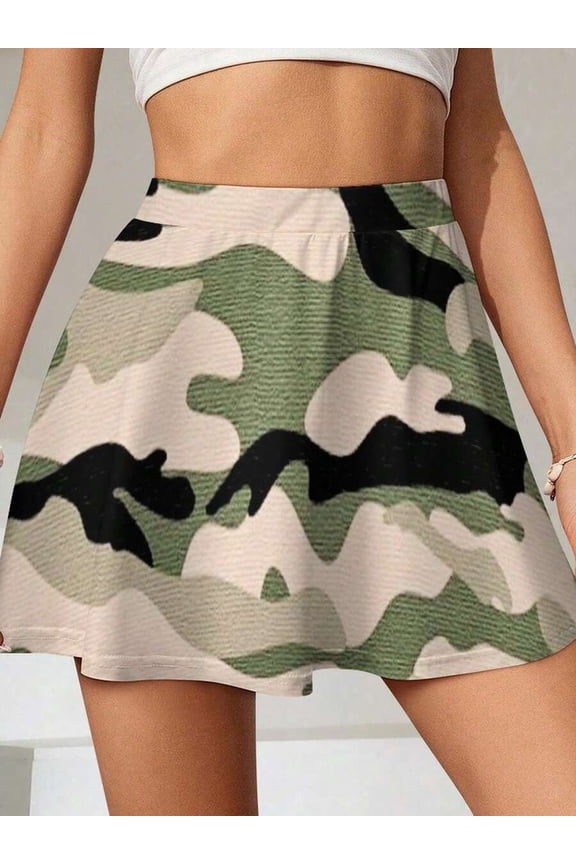 Camouflage Print Skater Mini Skirt With Built-In Shorts White
