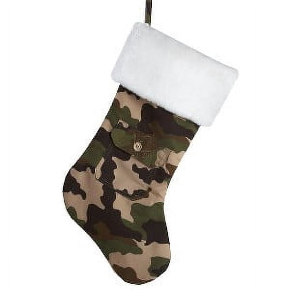Camouflage Print Stocking With White Faux Fur Cuff And Pocket