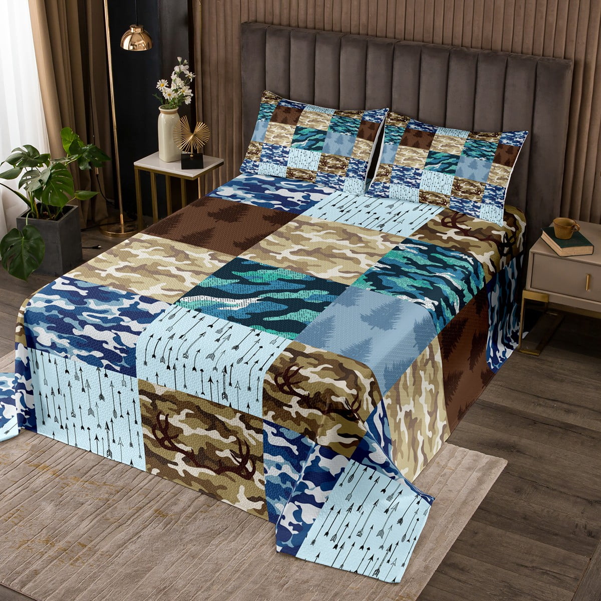 Camouflage Quilt Set Twin Elk Deer Antlers Bedspread Set for Kids Teens