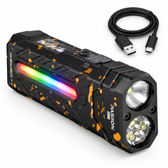 Camouflage Rechargeable EDC Flashlight, 3250 Lumens, 55 Modes, Multifunctional Floodlight Spotlight