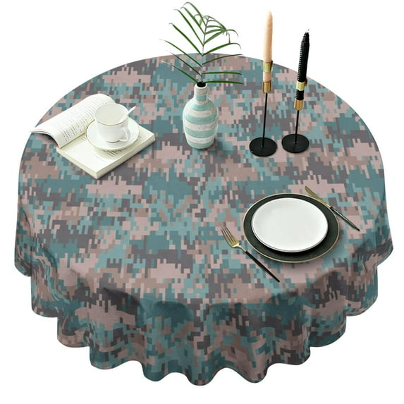 Camouflage Round Tablecloth 70x70in(178x178cm) – Waterproof Polyester Table Cover with Full Print Design, Wrinkle Resistant & Washable for Kitchen Dining Party Decor