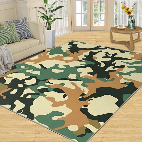 Camouflage Rug Abstract Stripes Rugs for Bedroom, Army Green Area Rug, Non Slip Washable Rugs, Carpet for Living Room-4' x 5'