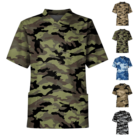 Camouflage Scrubs for Men V-Neck Tunic Nursing Scrub Top with Chest Pocket Tuckable Durable Fabric Army Green 2XL