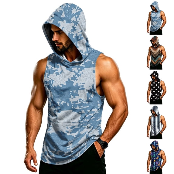 Camouflage Sleeveless Hoodie For Men, Muscle Fit Pullover Tank with Kangaroo Pocket - Quick-Dry Workout Vest for Gym & Bodybuilding Brown XXXL