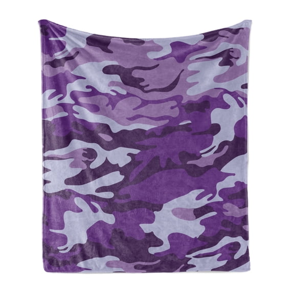 Camouflage Soft Flannel Fleece Blanket, Vibrant Color Abstract Style Splashes Design Pattern Hunting Hobby Print, Cozy Plush for Indoor and Outdoor Use, 60" x 80", Purple Pale Grey, by Ambesonne