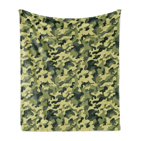 Camouflage Soft Flannel Fleece Throw Blanket, Clothing Motif Pale Toned Color Splashes Abstract Patterned Illustration, Cozy Plush for Indoor and Outdoor Use, 50" x 60", Green Yellow, by Ambesonne