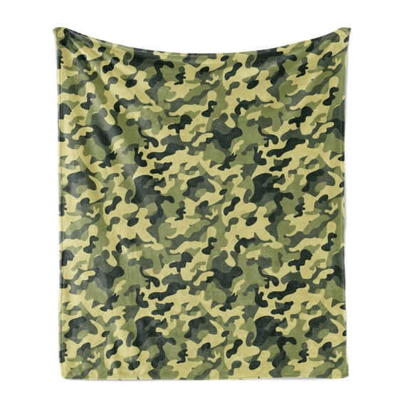 Camouflage Soft Flannel Fleece Throw Blanket, Clothing Motif Pale Toned Color Splashes Abstract Patterned Illustration, Cozy Plush for Indoor and Outdoor Use, 50" x 60", Green Yellow, by Ambesonne