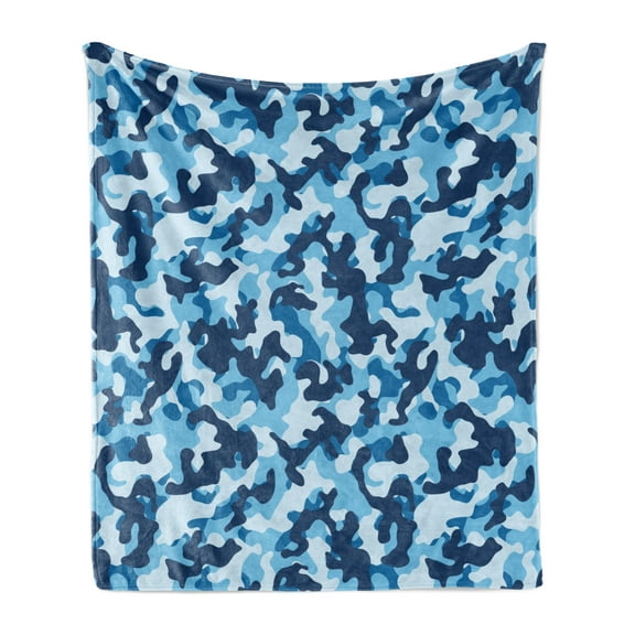 Camouflage Soft Flannel Fleece Throw Blanket, Costume Pattern with Vibrant Color Palette Abstract Composition Concealment, Cozy Plush for Indoor and Outdoor Use, 50" x 70", Blue Coconut, by Ambesonne