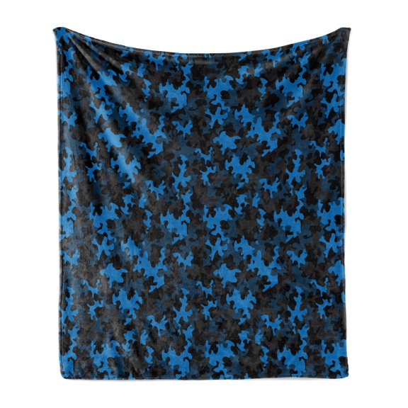 Camouflage Soft Flannel Fleece Throw Blanket, Dark Toned Pattern Equipment and Hiding Uniform Attire Design, Cozy Plush for Indoor and Outdoor Use, 50" x 60", Army Green Black and Blue, by Ambesonne