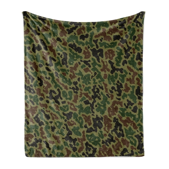 Camouflage Soft Flannel Fleece Throw Blanket, Green Camo Pattern Abstract Formless Design Blending into the Forest, Cozy Plush for Indoor and Outdoor Use, 60" x 80", Green Brown Black, by Ambesonne