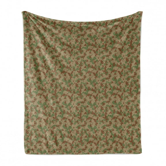 Camouflage Soft Flannel Fleece Throw Blanket, Illustration with Simplistic Camo Pattern Classic Tricolor, Cozy Plush for Indoor and Outdoor Use, 70" x 90", Reseda Green Dark Tan, by Ambesonne