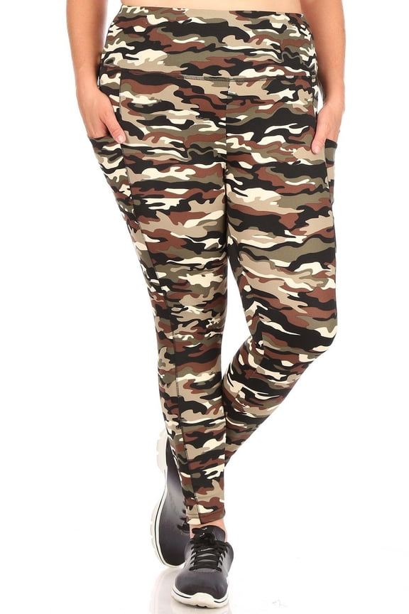 Camouflage Sport Leggings - Plus Size - 1XL 2XL 3XL with Side Pocket Olive 2XL