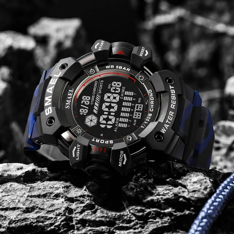 Camouflage Style Watch for Young Men Outdoor Sports Fashion Student Waterproof Digital Wristwatch with Backlight Stopwatch 8050 Camo Blue