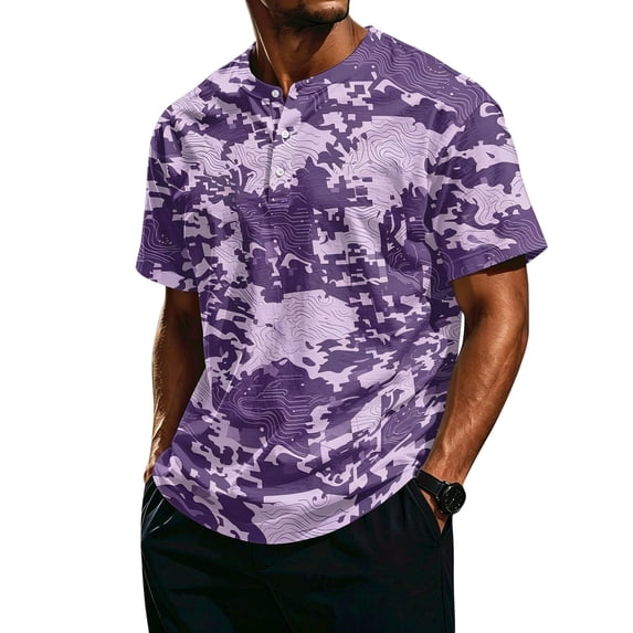 Camouflage T-shirt for Men Comfortable and Breathable Shirts for Men Short Sleeve Henley V Neck T-Shirt Green Camo Mens T-shirts