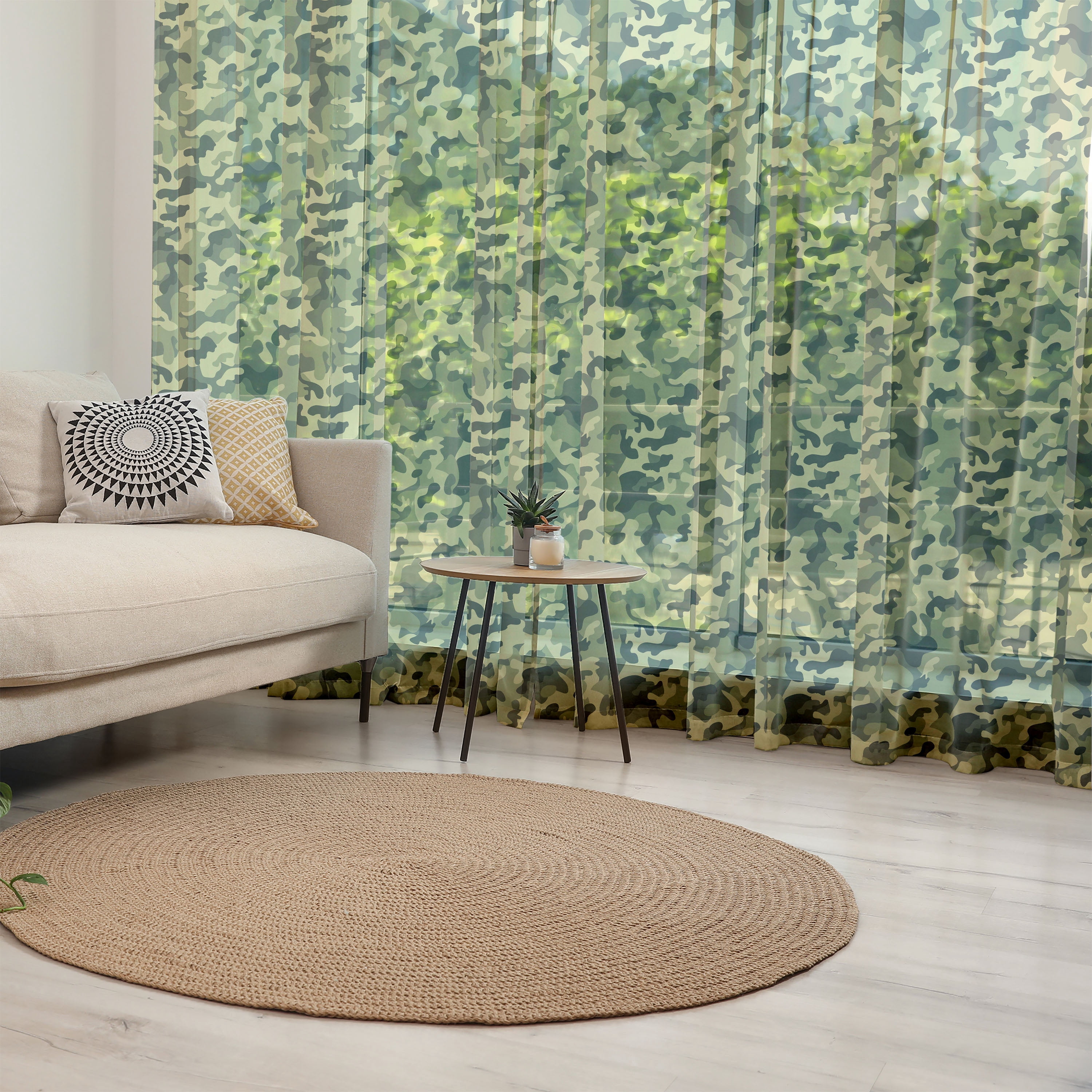 Patterned Tulle Camouflage Tulle Curtains with Rod Pocket, Clothing Motif Pale Toned ...