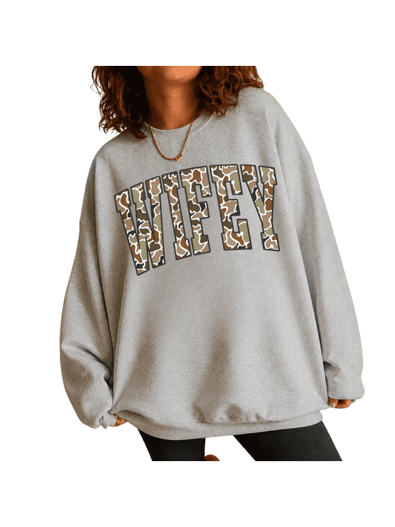 Camouflage Wifey Sweatshirt for Women, Hunting Wife Graphic Pullover, Sizes S-3XL