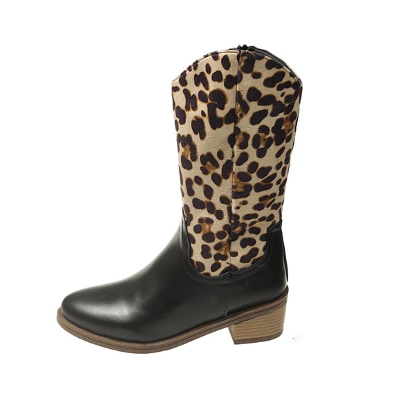 Camouflage Women Boots Mid Calf Winter Casual Heel Side Zipper Round Toe Non Slip Suede Splicing Leopard Print Size 36 Eu Heel Height 1.97 Inches Package 1.43 Lbs