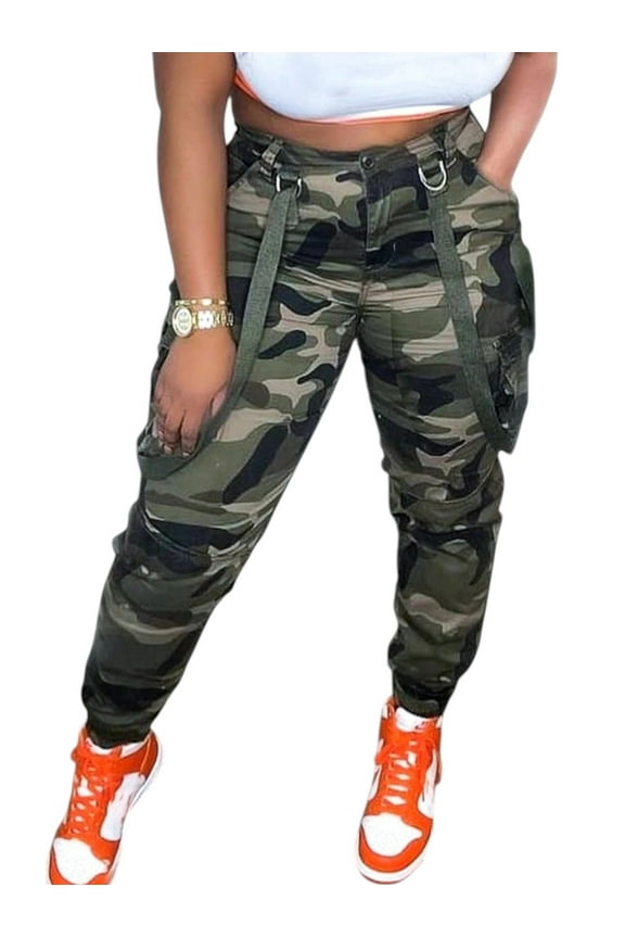 Women’s Camo Cargo Pants – High Waisted Streetwear Work Pants with Adjustable Straps and Multi Pockets