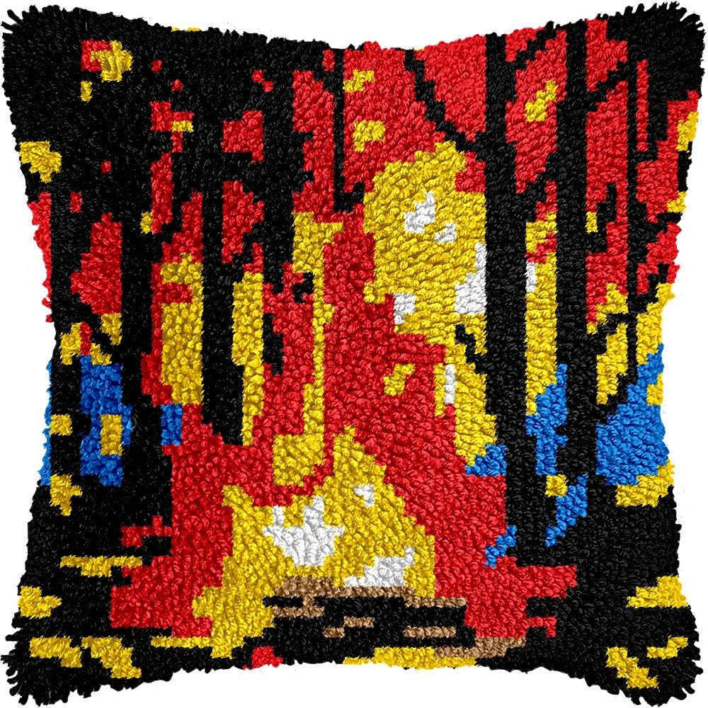 Camp Bonfire & Trees Latch Hook Pillow Kits Pillow Cover Latch Hook Crafts Crochet Knitted Hooking Pillowcase Cushion Crafts Embroidery Latch Hooking Kits Material Set 17x17 inch(218)