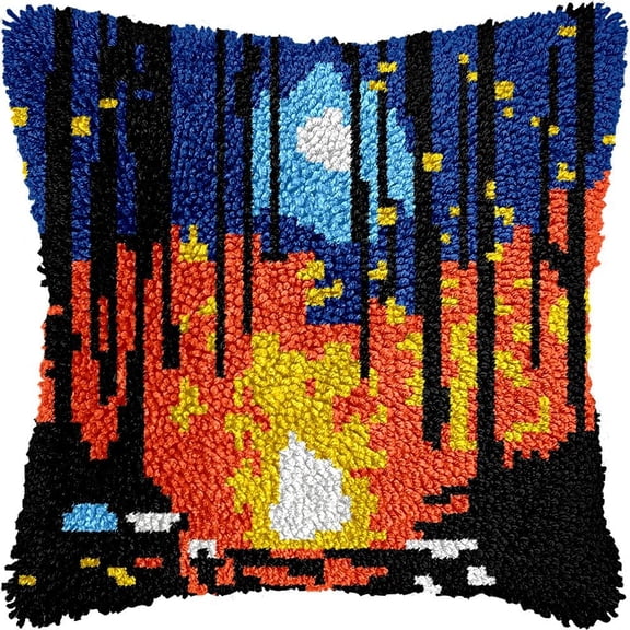 Camp Bonfire & Trees Latch Hook Pillow Kits Pillow Cover Latch Hook Crafts Crochet Knitted Hooking Pillowcase Cushion Crafts Embroidery Latch Hooking Kits Material Set 17x17 inch(219)