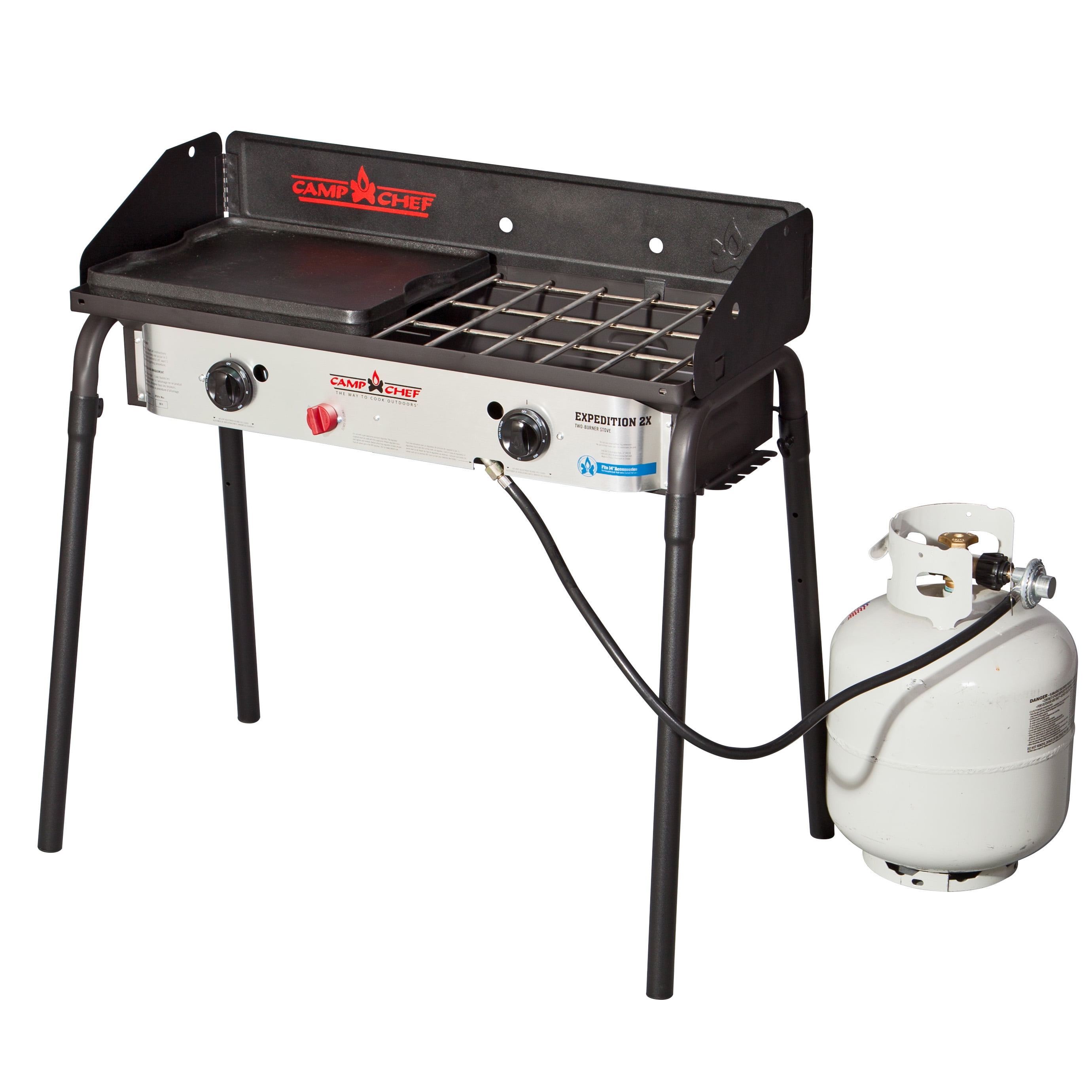 Camp Chef Expedition 2 Burner 60,000 BTU Propane Stove with Bonus Cast Iron Griddle, YK60LWC12