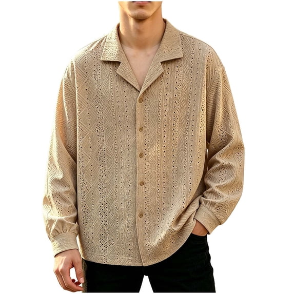 Camp Collar Shirt Men Lapel Button Front Blouse Casual Chest Pocket Loose Fit Long Sleeve Daily Tops with Relaxed Curved Hem Design Coffee,XL