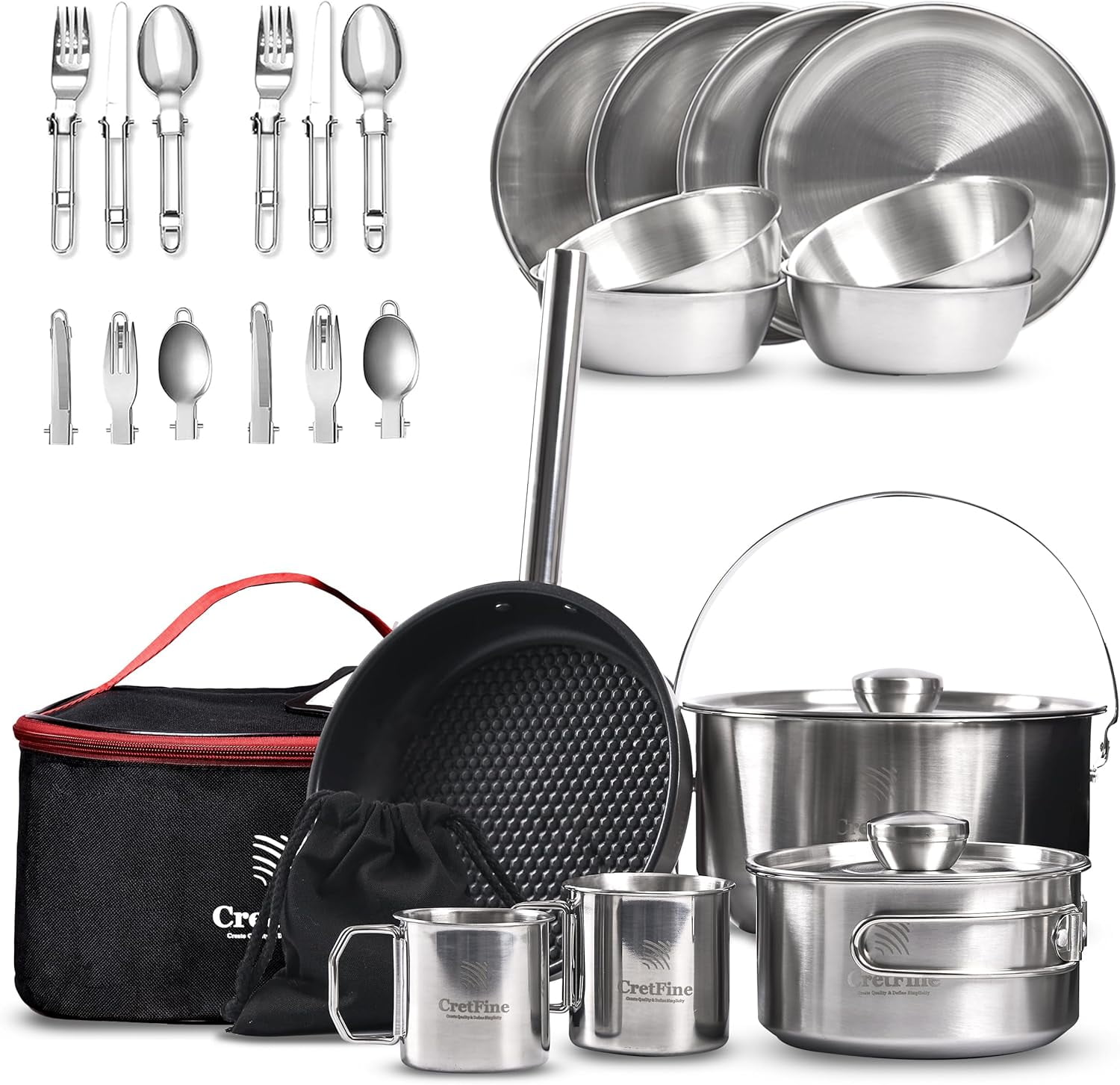 Camp Cooking Set for 48, Stainless Steel Camping Cookware Set, Camping Equipment with Carring