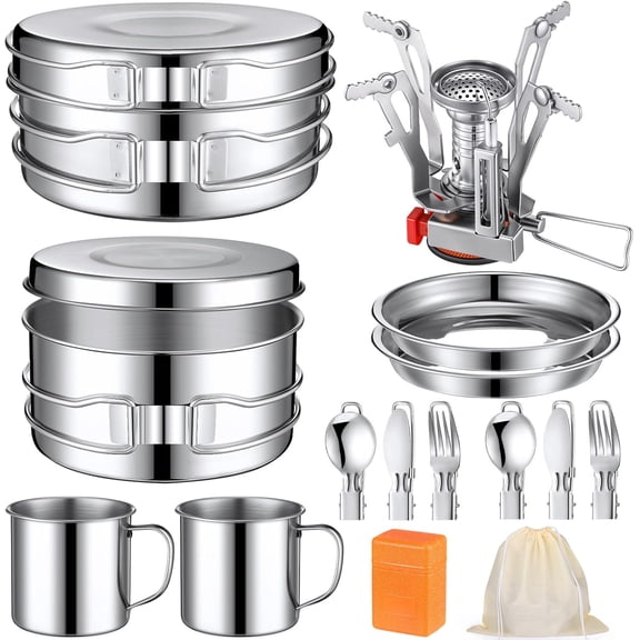 Camp Cooking Set Stainless Steel Camping Cookware Mess Kit with Pot Pan and Stove Set Cups Plates Forks Knives Spoons for Camping Backpacking Outdoor Cooking Picnic
