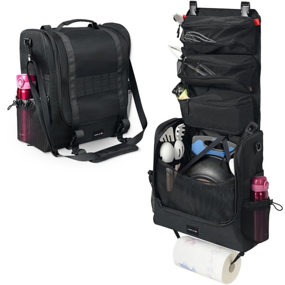 Camp Cooking Tools Storage Caddy Bag Camp Kitchen Cookware Organizer Bag with Zippered Compartments Removable Pouch Hook System Paper Towel Holder Portable Outdoor Camping Gear Bag