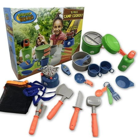 Nature Bound: Camp Cookout Set - 15pc - Toy Cooking Accessories Kit, Flickering Light & Crackling Sound Burner, Indoor & Outdoor, Storage Bag, Kids 3+