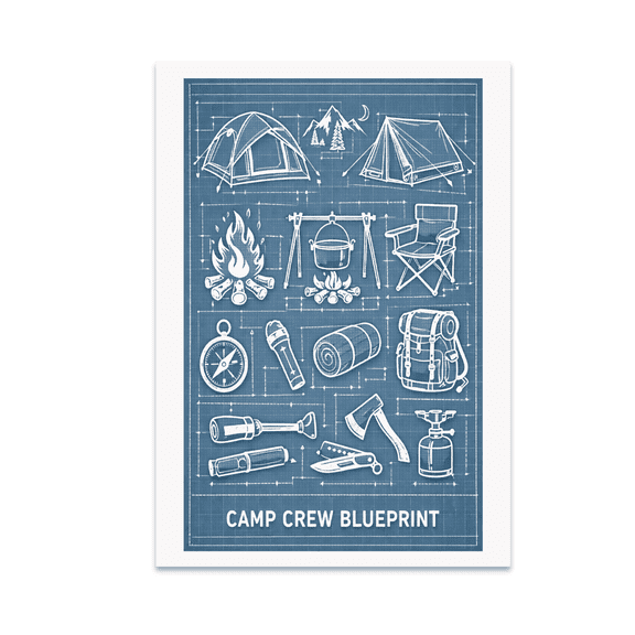 Camp Crew Blueprint Camping Tools Art - Outdoor Enthusiast - 13x19 Poster Print