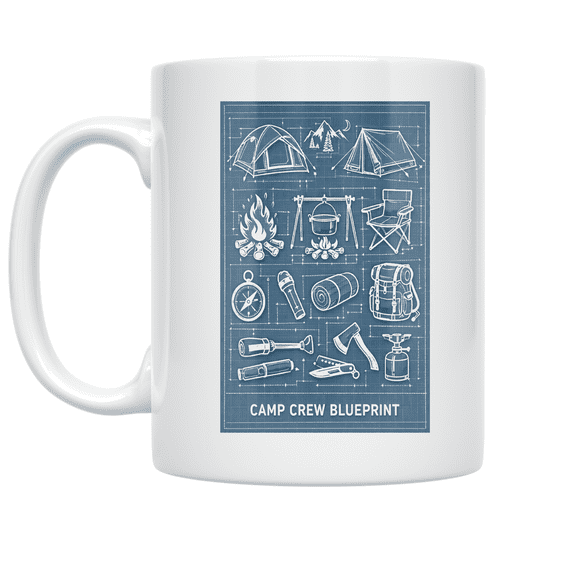 Camp Crew Blueprint Design - Camping Enthusiast - 11 oz Ceramic Coffee Mug