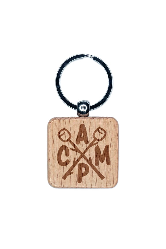Camp Crossed Marshmallows Camping Hiking Square Keychain Charm Tag - Engraved Wood