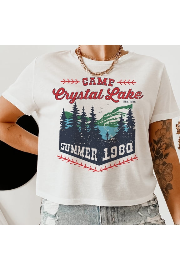 Camp Crystal Lake Crop Tee, Trendy Cropped Shirt, Cute Horror Movie Crystal Lake Flowy , F