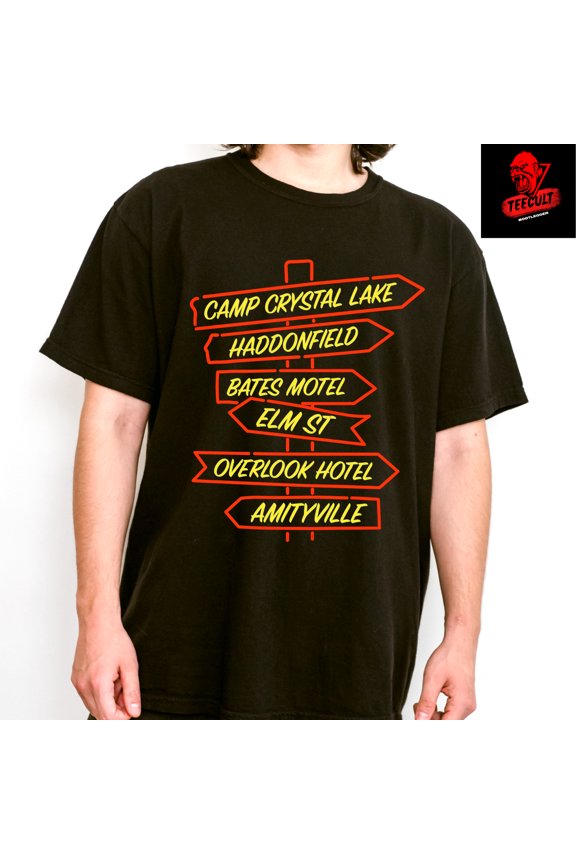 Camp Crystal Lake / Haddonfield / Amityville Sign Horror Unisex T-Shirt S–3XL 🎃