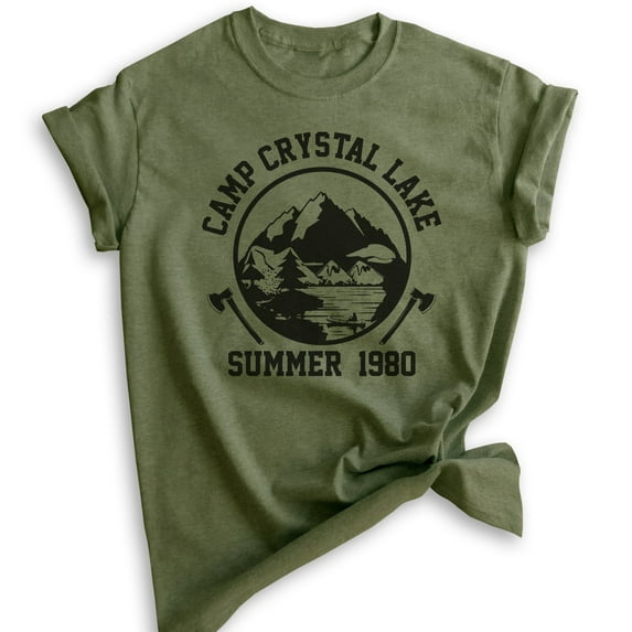 Camp Crystal Lake Shirt, Unisex Women's Men's Shirt, Funny Horror Movie T-shirt, Graphic Tee, Heather Military Green, Large